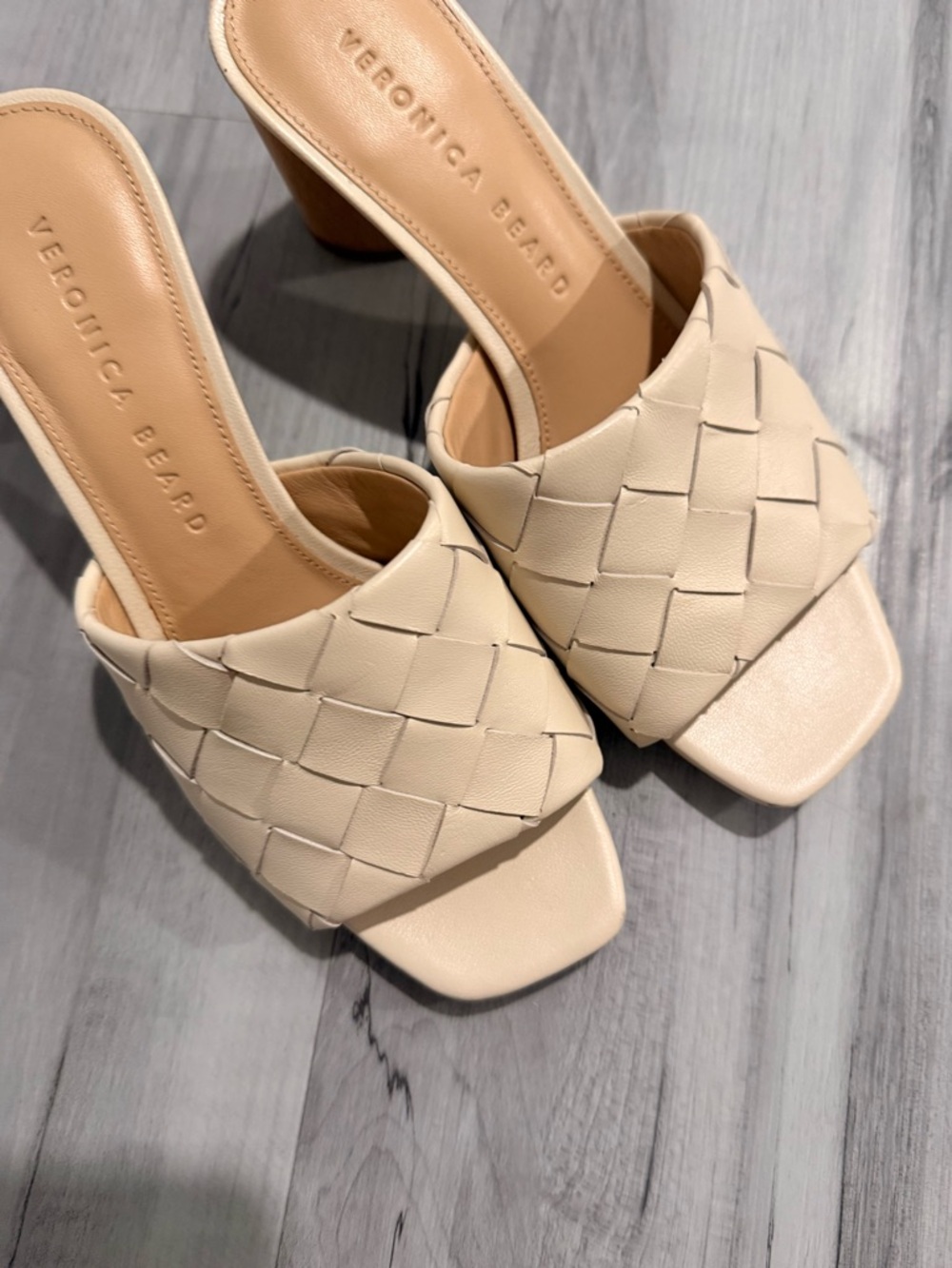 Veronica Beard Woven Cream Leather Block Heel Mules
